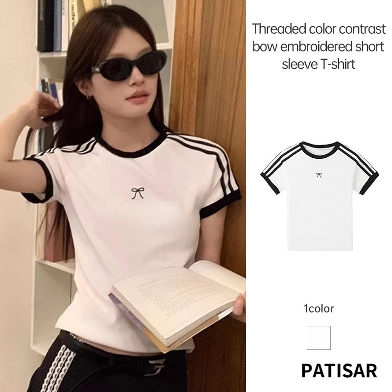 เสื้อยืดแขนสั้นปักโบว์สีตัดกันเสื้อยืดแขนสั้นผู้หญิงอเนกประสงค์ PR – โปรปัง