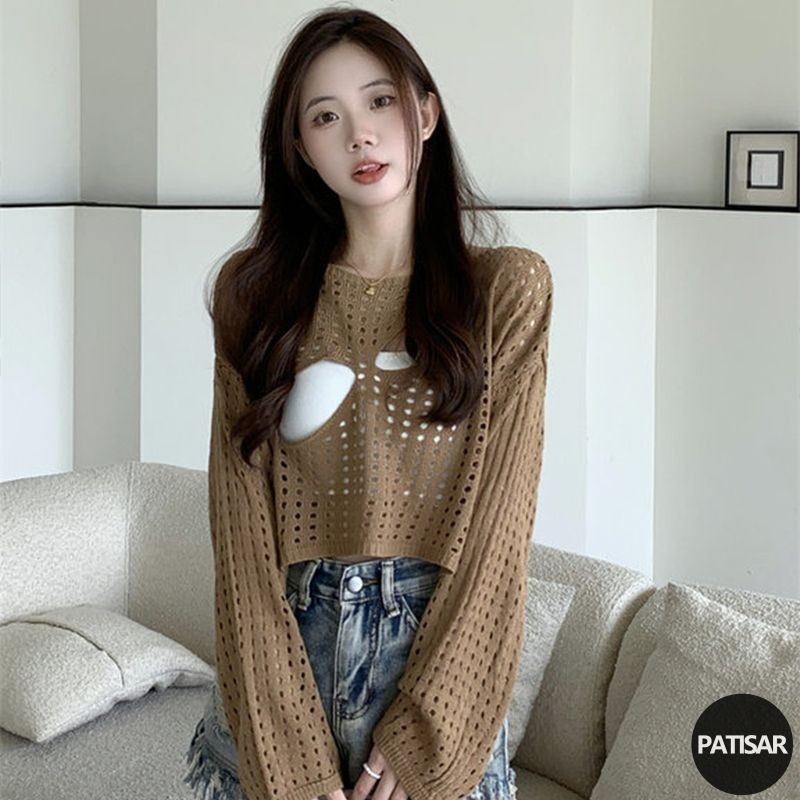 พร้อมส่ง เสื้อครอปแขนยซีทรู ตาข่ายดีเทลเจาะรูหน้าอกเพิ่มความเซ็กซี่ PR