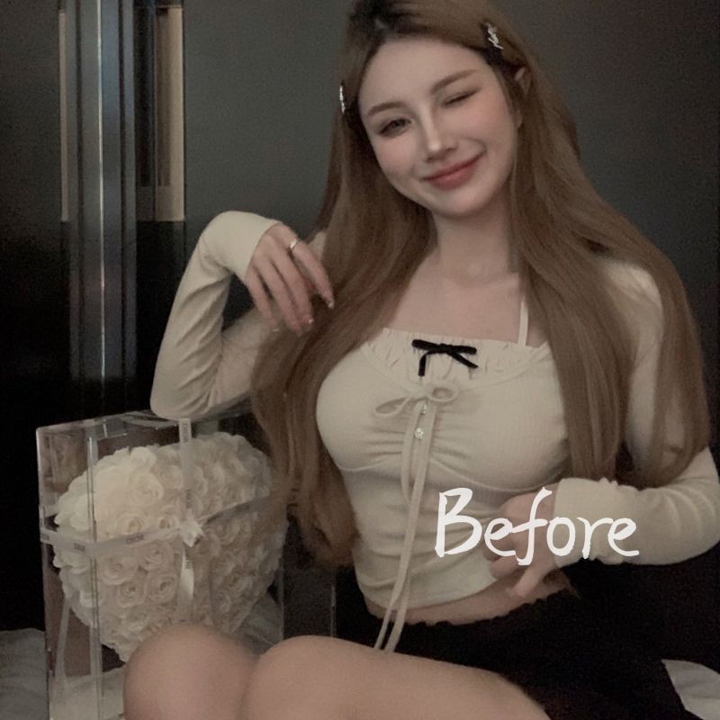 เสื้อยืดแขนยาวสาวหวานเผ็ดปลอมสองชิ้นแขวนคอเก๋ไก๋พอดีตัวด้านบน BF