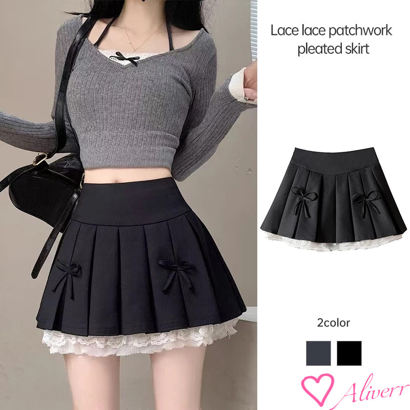 ความรู้สึกการออกแบบกระโปรงจีบผู้หญิง Lace Edge Splicing กระโปรง Niche สาวร้อน A-Line กระโปรงสั้น LIVE