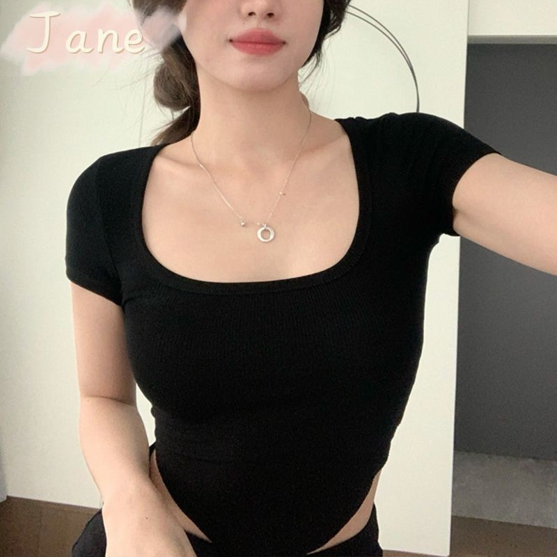 ฤดูร้อนไม่สม่ำเสมอเอวสูงเซ็กซี่สั้นกระชับบางแขนสั้นเกลียวเสื้อยืดผู้หญิง JN - รูปที่ 5