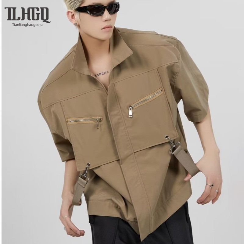 TLHGQ เสื้อเชิ้ตผู้ชายญี่ปุ่นแขนสั้นซิปโลหะสไตล์การทำงานเสื้อคุณภาพดี beachwear