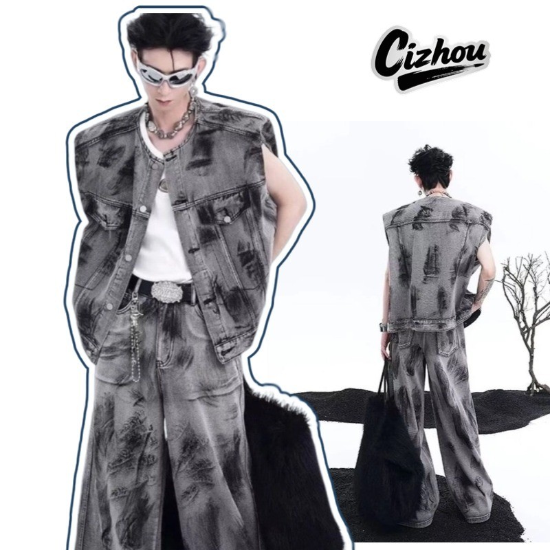 Cizhou [เสื้อกั๊กยีนส์ + กางเกง] ชุดยีนส์อเมริกันหลวมอินเทรนด์