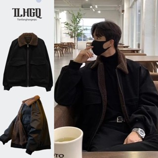 TLHGQ เสื้อแจ็คเก็ตผู้ชายฤดูหนาวหนาย้อนยุคหลวมขนปกลําลองด้าน…