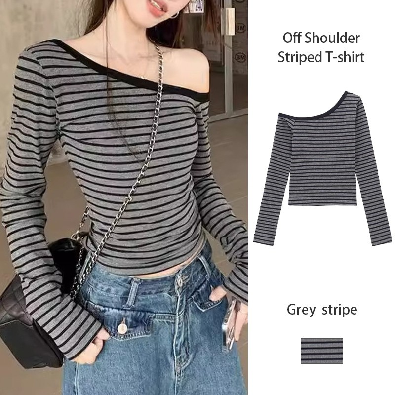 เสื้อยืดปิดไหล่ลาย Hot Girl Slim Fit เสื้อยืดแขนยาว Niche Short T-shirt GA