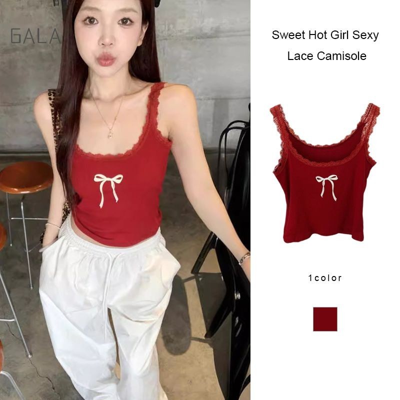 หวานสาวร้อนเซ็กซี่ลูกไม้ Camisole สไตล์ฝรั่งเศสอินเทรนด์เสื้อกั๊กผู้หญิงโบว์พิมพ์สั้น GA