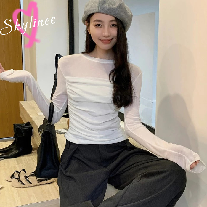 🎀จัดส่งทันที🎀เสื้อยืดแขนยาว ผ้าตาข่าย แฟชั่นสําหรับผู้หญิง SL