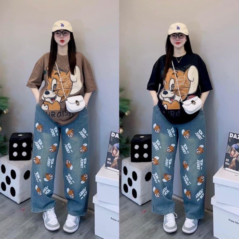 GN พร้อมส่ง ชุดเซ็ททอม& เจอรี่งานสกรีนทั้งตัวเข้าชุดกันงานสวยงานตามหา