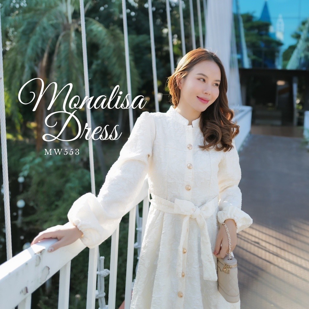 MyWay Brand : Dress - Monalisa เดรสออกงาน คอจีน สีขาวครีม