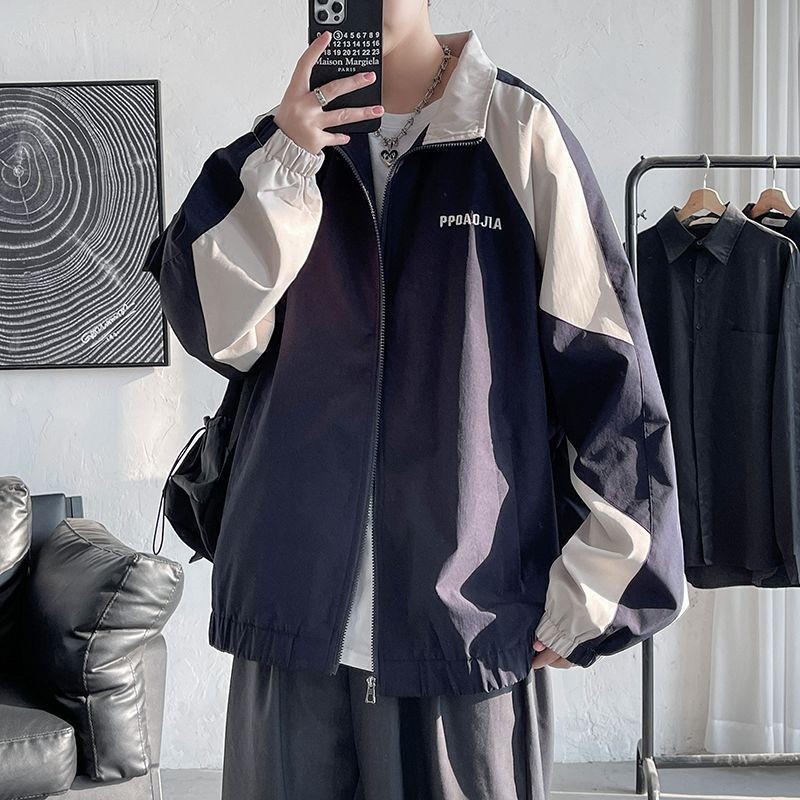 เสื้อแจ็กเก็ตกีฬา ทรงหลวม สีตัดกัน แฟชั่นฤดูใบไม้ร่วง สําหรับผู้ชาย และนักเรียน 4AZ9