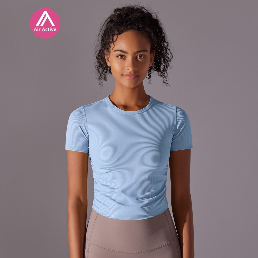 Yoga Sports T-shirt Crop Top Side Pleats Ribbed