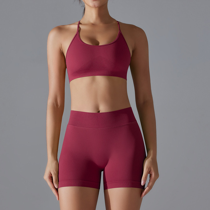 Yoga Sports Set Seamless Knitted Cross Back Sports Bra And High Waist Pleats Hip Sports Shorts — صورة 4