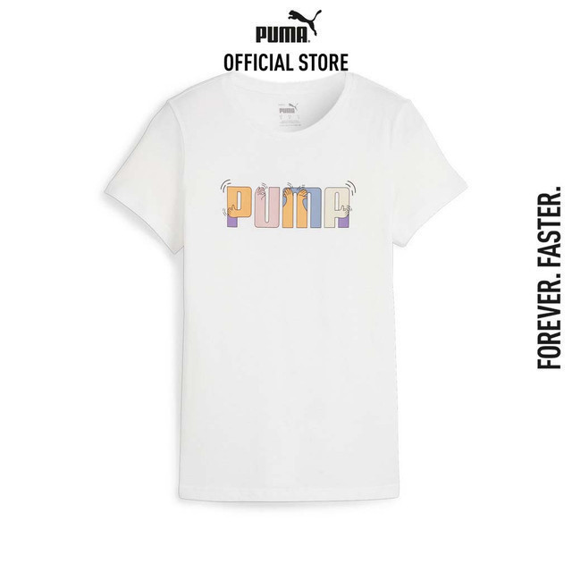 PUMA BASICS - เสื้อยืดผู้หญิงลายกราฟิก ESS+ สีขาว - 67991602