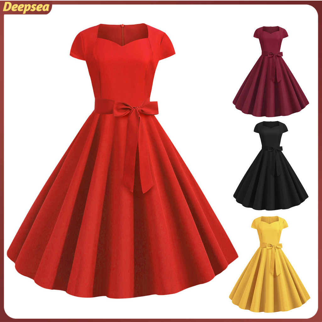 Dpa 1950s สไตล์ชุดยืดชุด Vintage Princess สไตล์ Midi ชุด V คอและเข็มขัดโบว์ Retro A-line Big Swing L