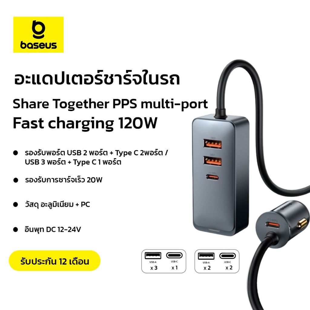 Baseus อะแดปเตอร์ชาร์จในรถ Share Together PPS multi-port Fast charging ชาร์จเร็ว พร้อมสายไฟ ยาว 1.5 เมตร 120W