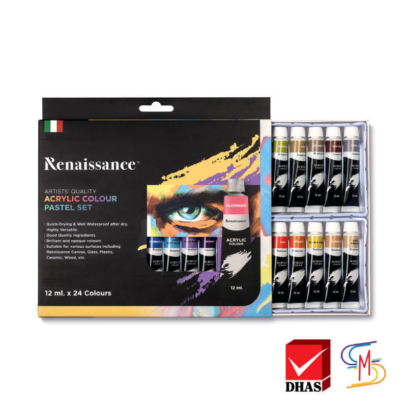 Renaissance สีอะคริลิค ชุดสีอะครีลิค สีพาสเทล 12 ml. 24 สี จำนวน 1 กล่อง