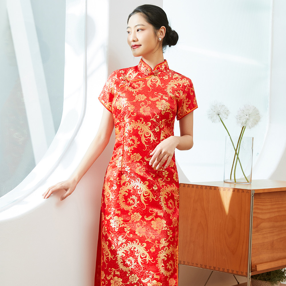 กี่เพ้ายาว Qipao 2026 ชุดกี่เพ้าตรุษจีน ชุดยาวหญิงผู้ใหญ่ เสื้อกี่เพ้า สีแดง คอจีน มีซิปข้าง ตรุษจีน - รูปที่ 4