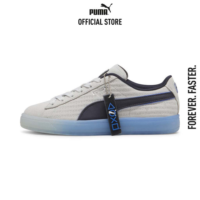 PUMA KIDS - รองเท้าผ้าใบหนังกลับเด็กโต PUMA x PLAYSTATION สีเทา 39665501