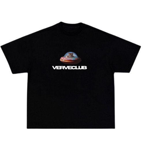 CASSIUS PREMIUM COTTON OVERSIZE เสื้อยืดสกรีนลาย พรีเมี่ยม VERVE CLUB แมวจานบิน ดำ