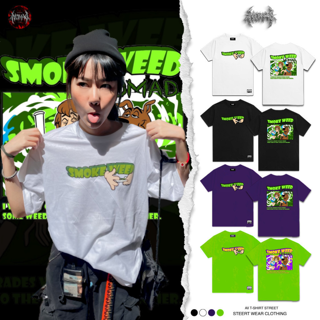 （จัดส่งทันที）แขนสั้นคอกลม สตรีท v1 สกูปปี้ SMOKE WEED