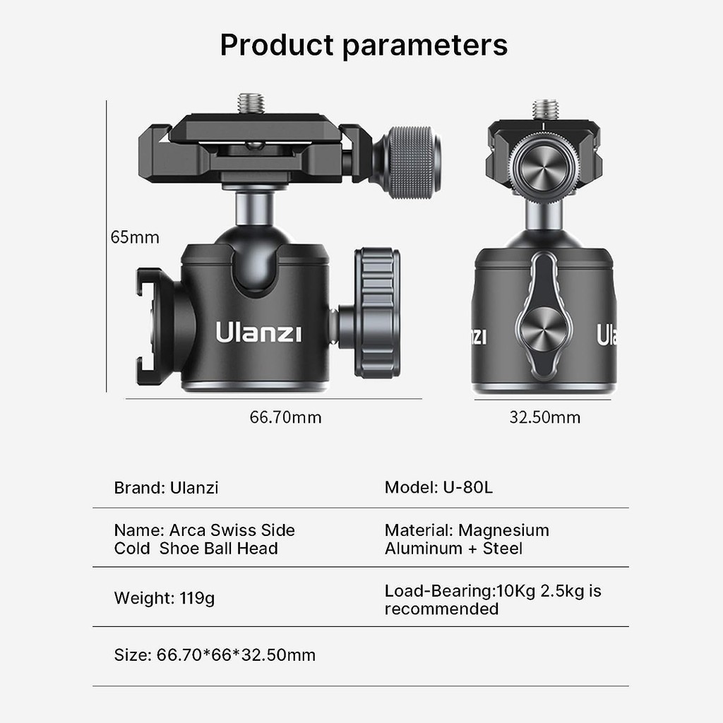 Ulanzi U80L Aluminum Alloy Ball Head หัวบอลต่อขาตั้ง เกลียว 1/4 พร้อมระบบ Arca + Quick Release Plate