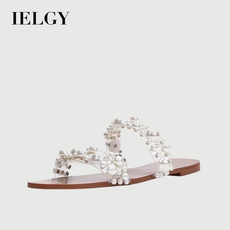 IELGY สไตล์เกาหลีของผู้หญิงขนาดบวกมุกหนึ่งคํารองเท้าแตะแบน