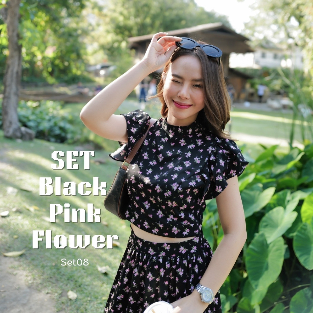 MyWay Brand : SET Black Pink Flower ชุดเซตเสื้อและกระโปรง เสื้อคอจีน กระโปรงยาว สีดำพิมพ์ลาย