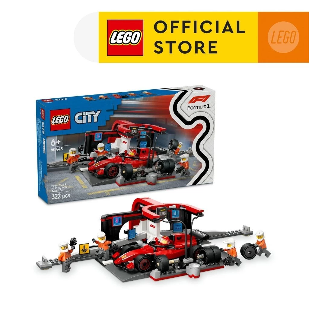 LEGO City 60443 F1 Pit Stop & Pit Crew with Ferrari Car (322pcs.), Building Blocks, Kids Toy