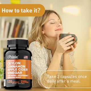 Pslalae Premium Ceylon Cinnamon & Apple Cider Vinegar Capsules พร้อมขมิ้นและโสม, รองรับน้ําตาลในเลือด, Metabolsm Booster, BioPerine® สําหรับการดูดซึมปราศจากกลูเตนที่ไม่ใช่จีเอ็มโอ