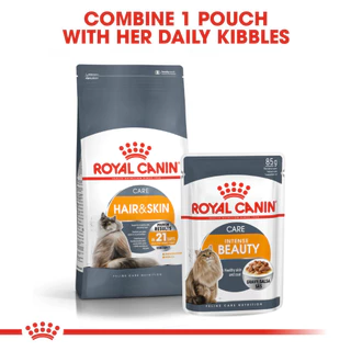 [เซตคู่สุดคุ้ม] Royal Canin Hair & Skin Care + Intense Beauty Gravy(12 ซอง) โรยัล คานิน อาหารแมวโต ดูแลผิวหนังและเส้นขน