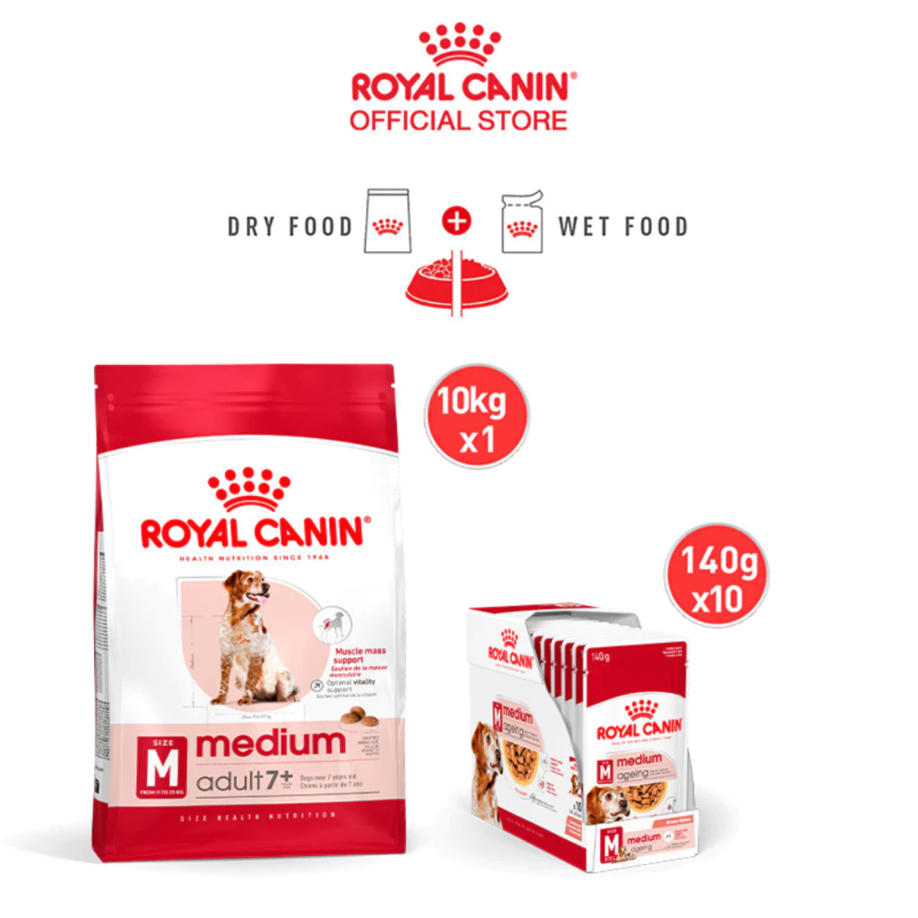 [เซตคู่สุดคุ้ม] Royal Canin Medium Adult 7+ 10kg+Royal Canin Medium Ageing 10+ Pouch Gravy สุนัขพันธุ์กลาง อายุ7ปีขึ้นไป