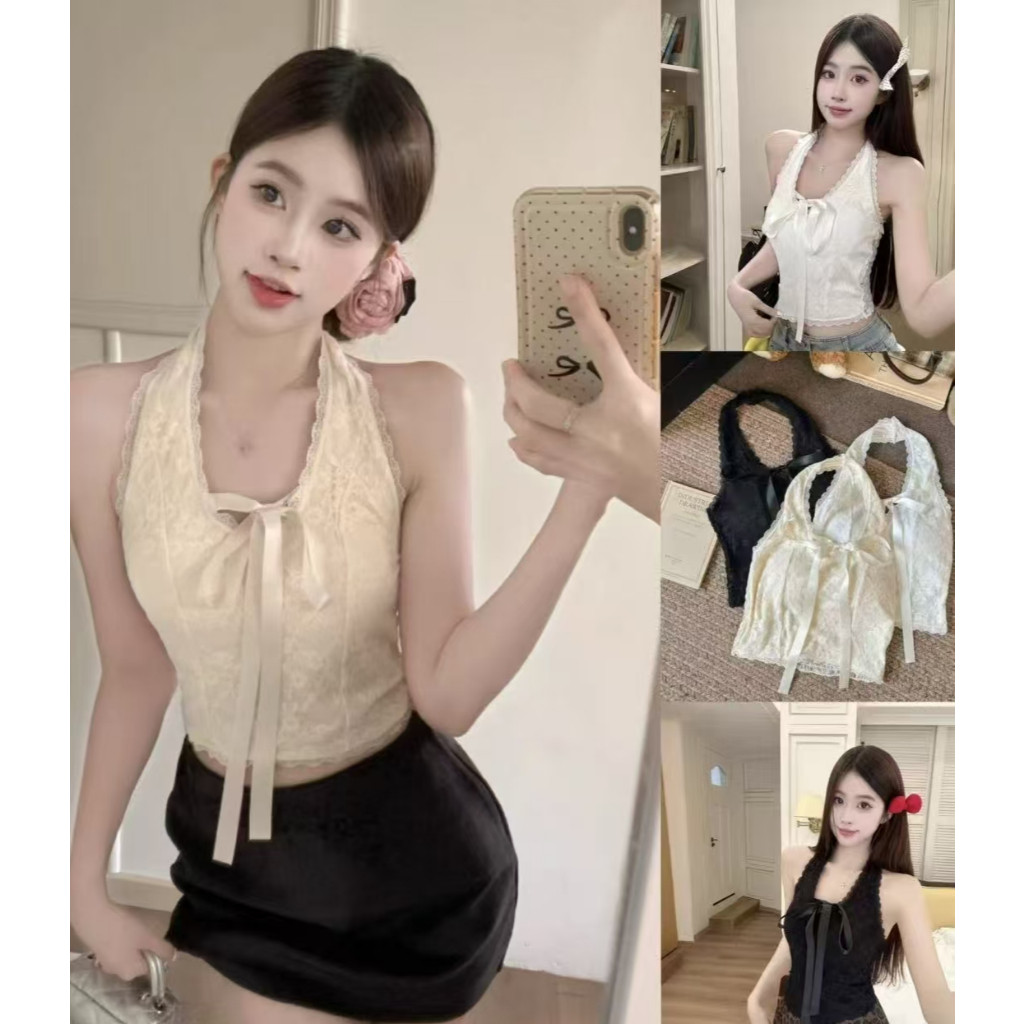 เสื้อกล้ามเซ็กซี่ พร้อมส่ง เสื้อสายเดี่ยวลูกไม้ บราลูกไม้แต่งโบว์ ดีเทลแต่งคลองคอ รัดรูปเซ็กซี่  NY235