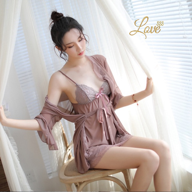 ชุดนอนไม่ได้นอน ชุดเซตเสื้อคลุม  K004 คลุมหลังไขว้. มี4สี  love888th