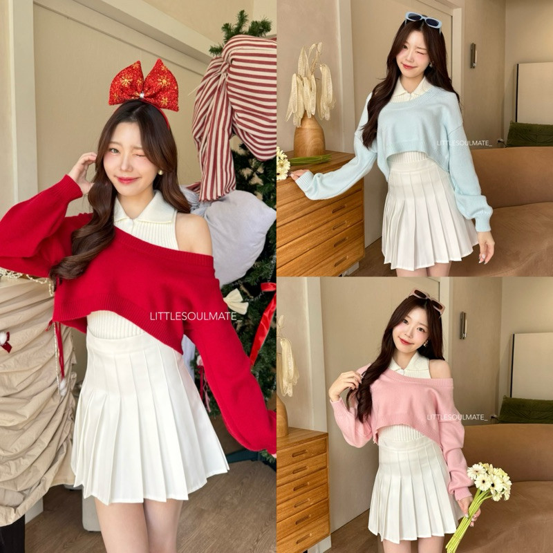 littlesoulmate เซ็ท2ชิ้น เสื้อครอปแขนกุดคอปก+ครอปแขนยาวโอเวอร์ไซส์ เสื้อกันหนาวคริสต์มาส(vj pastel)