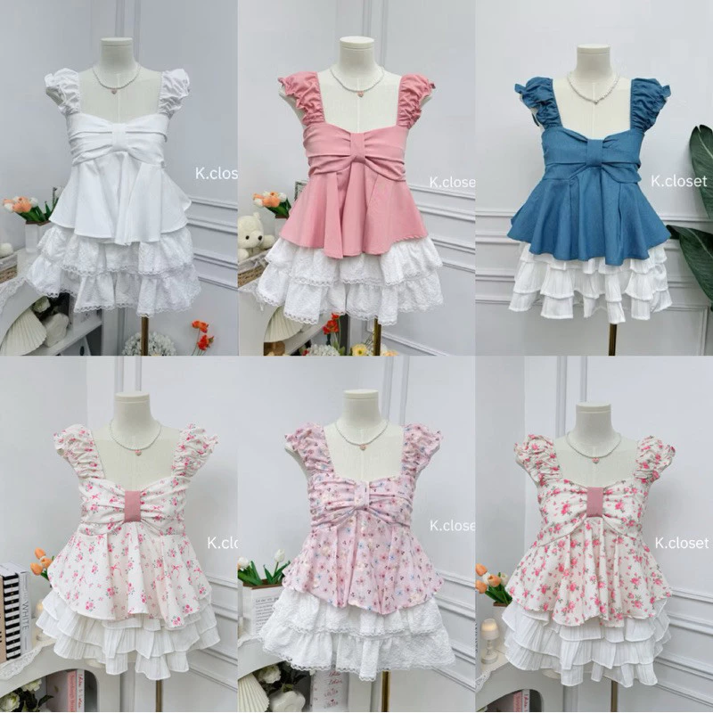 เสื้อสายเดี่ยวโบว์หน้า แต่งแขนระบาย 🎀bow tops🎀