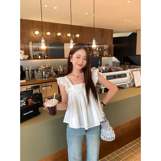 เสื้อคอเหลี่ยม แขนระบายผูกโบว์หลัง สไตล์มินิมอลน่า เรียบๆแต่น่ารัก💗