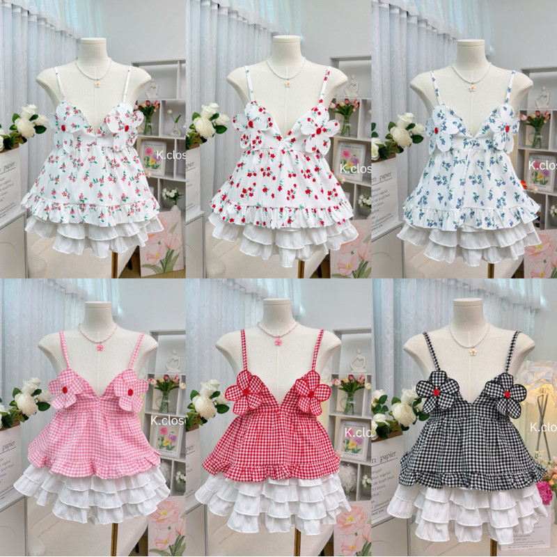 เสื้อสายเดี่ยวแต่งดอกไม้น่ารัก รับซัมเมอร์สุดๆ งานฮิตตมาก