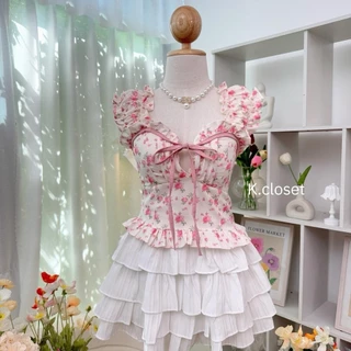 เสื้อครอปแขนตุ๊กตาผ้าพิมพ์ลาย สาวอวบใส่ได้อก 38 โทนหวานละมุนมากค่า ผู้หญิง Women Clothing (เสื้ออย่างเดียว)