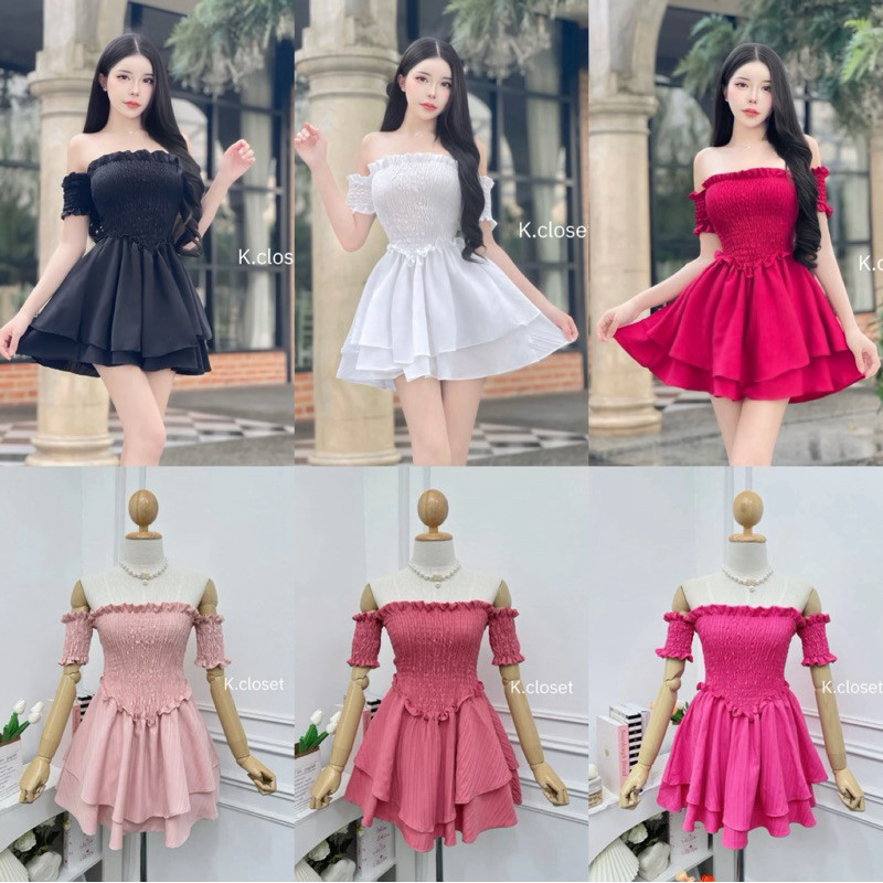 👗เดรสรสเกาะอกต่อแขนสม็อค กระโปรงระบาย2 ชั้น ทรงน่ารักแอบเซ็กซี่เล็กๆ