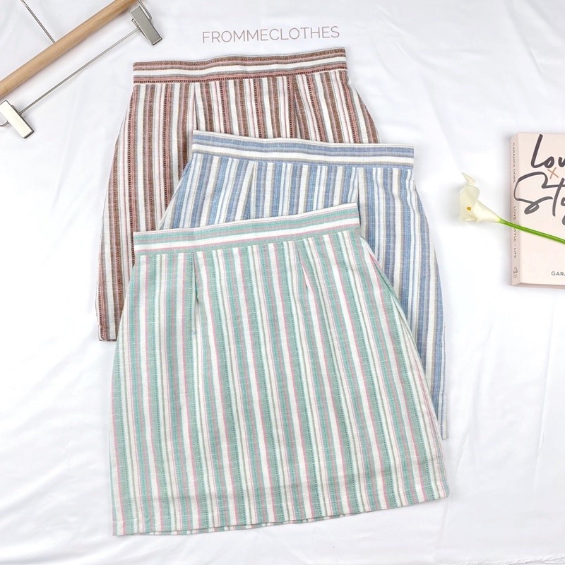 Frommeclothes🌷กระโปรงทรงเอผ้าคอตตอนลินินลาย(XS-5XL)