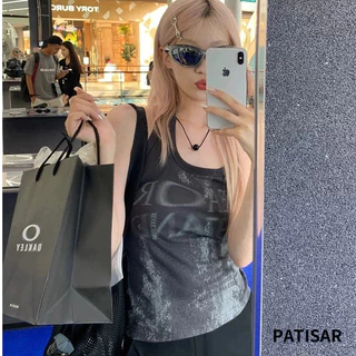 cherryshop พร้อมส่ง Y2Kเสื้อกั๊กสั้นแฟชั่นย้อนยุคสำหรับผู้หญิง แขนกุด สายคล้องคอ สไตล์สลิมฟิต ลายตัวอักษร เซ็กซี่ PR