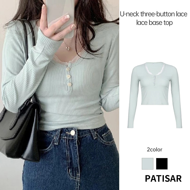สาวสดคอ U สามปุ่มลูกไม้ขอบ Bottoming เสื้อเสื้อยืดถักแฟชั่นเก๋ไก๋ PR