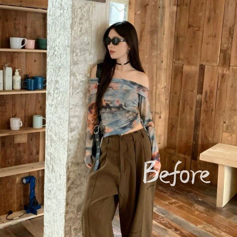 หวานสาวร้อนปิดไหล่ด้านบนDrawstringพิมพ์เสื้อยืดแขนยาวผู้หญิงเก๋ผ้ากอซด้านบน BF - รูปที่ 4