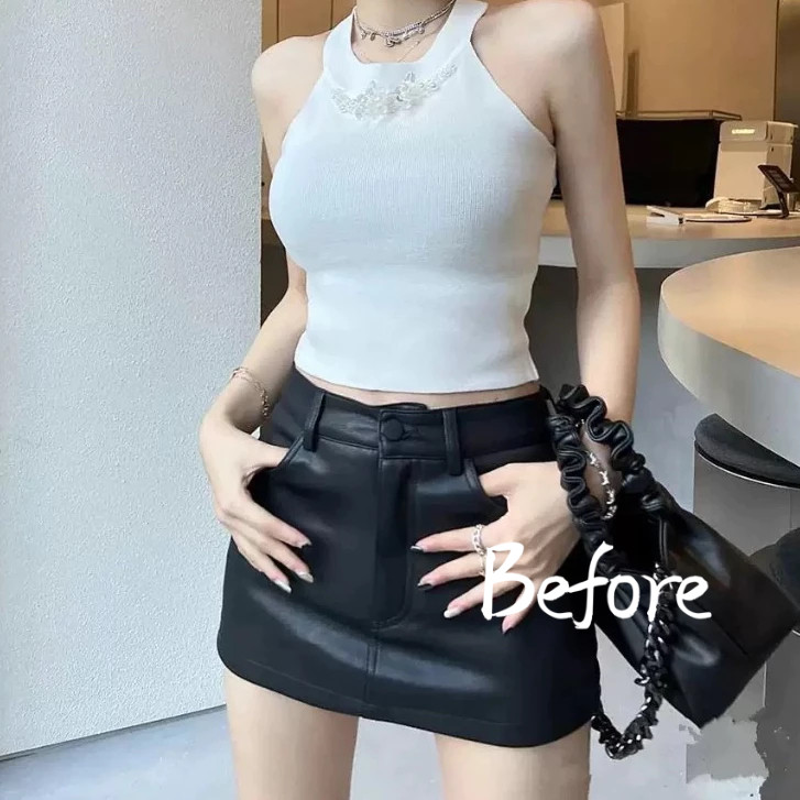 กระโปรงเอวสูงสีดำสาวเผ็ดกระโปรงสั้นพิเศษ A-Line สะโพกห่อกระโปรงหนังผู้หญิง BF
