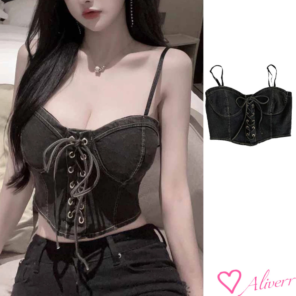 โบว์ผูกเชือกยีนส์ยกทรงสั้น Drawstring ด้านบนผู้หญิงซอกเสื้อกั๊กอเนกประสงค์ LIVE