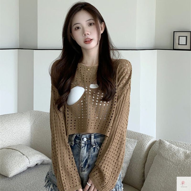 ท็อปส์ฮอลโลว์สำหรับผู้หญิง Summer Suspender Outer Blouse หลวมการป้องกันแสงแดดแขนยาว VIDO - รูปที่ 3