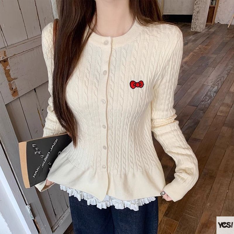 ผู้หญิง Niche สั้นการออกแบบความรู้สึกสาวร้อนสไตล์เสื้อถัก Ruffled Hem ถักเสื้อสเวตเตอร์ถัก YES