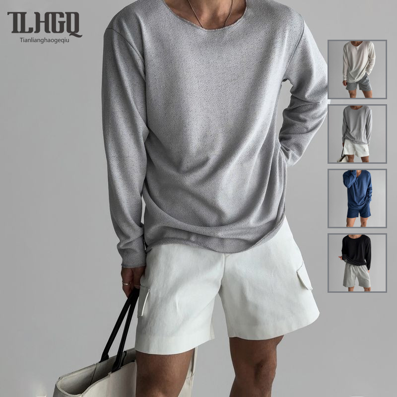 TLHGQ เสื้อยืดผู้ชายแขนกันแดดระบายอากาศ - ชุดลําลองไหล่คอกลมแบบมีสไตล์