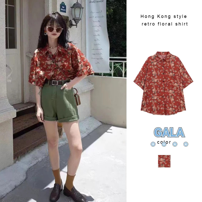 เสื้อเชิ้ตลายดอกไม้สไตล์ฮ่องกงย้อนยุคลำลองหลวมแขนสั้นเสื้อยืดออกแบบทุกเพศเสื้อสัมผัส