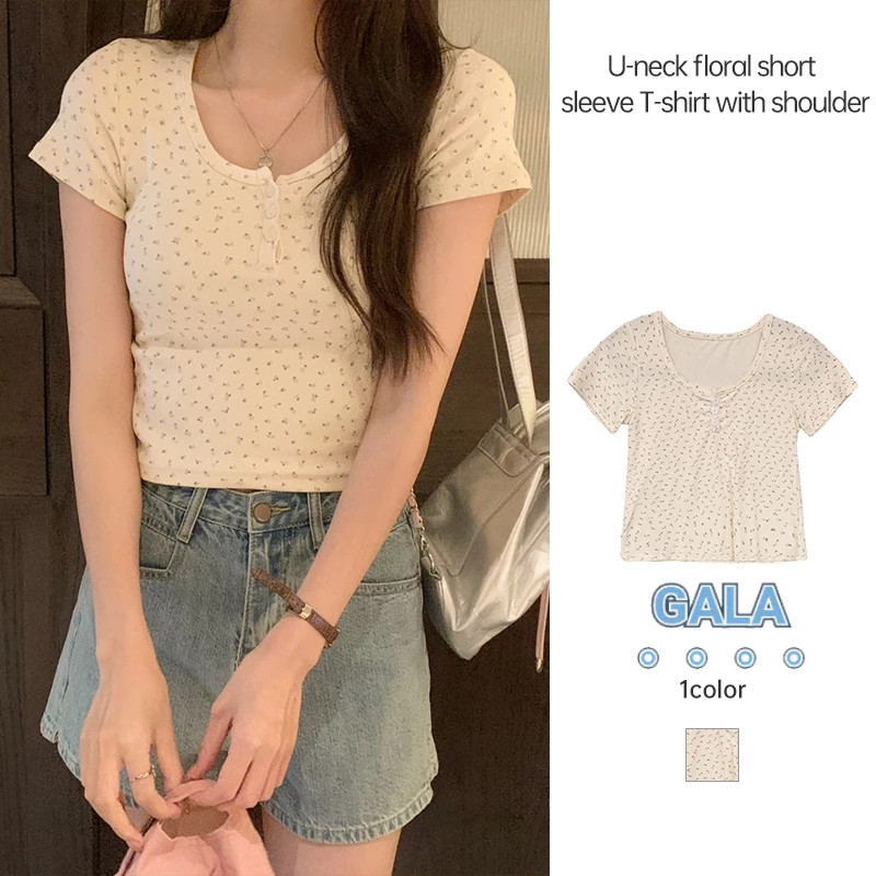 U-neck Floral Short Top Slim Fitting Bottoming Shirt เสื้อยืดแขนสั้นผู้หญิงสด เสื้อครอปเเขนสั้นสีนวลลายดอกไม้ สไตล์เกาหล